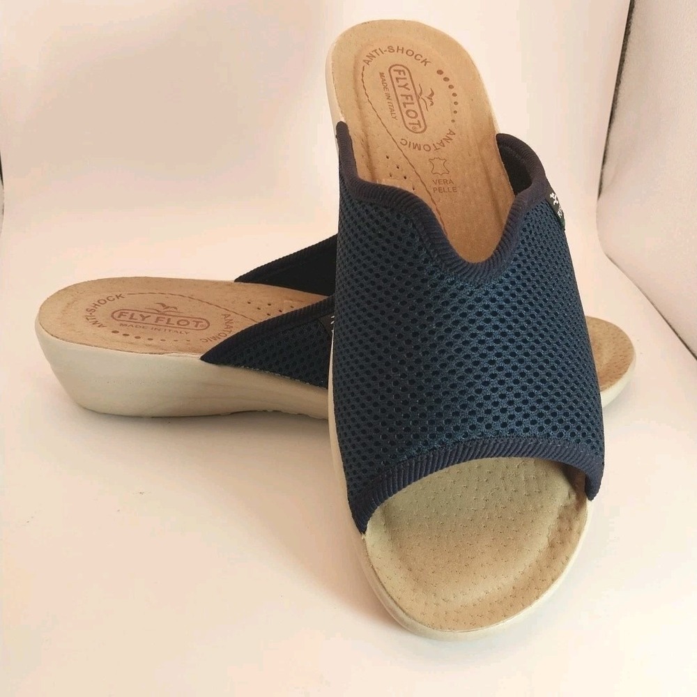 Fly Flot Mesh Slide Sandals Women 40(9.5) Blue Comfort Anatomic Anti-Shock Italy